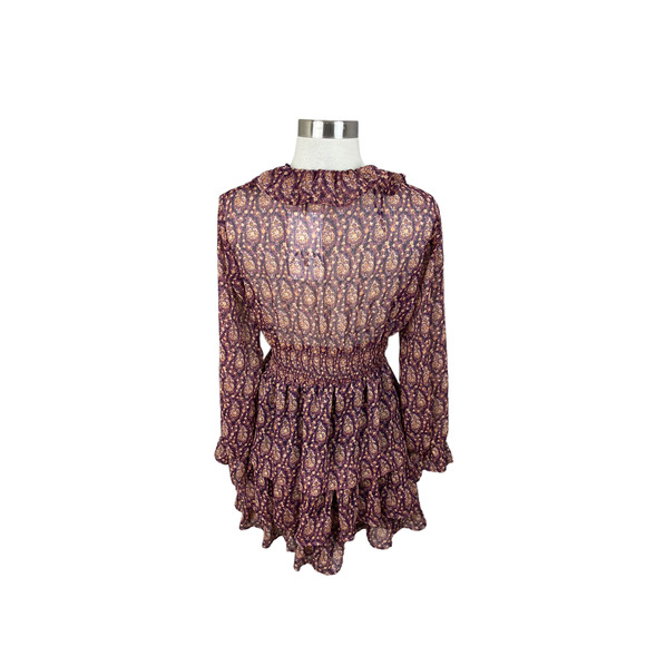 Zara NEW Ruffled Print Boho Dress Purple Gold Metallic V Neck - Picture 3 of 4